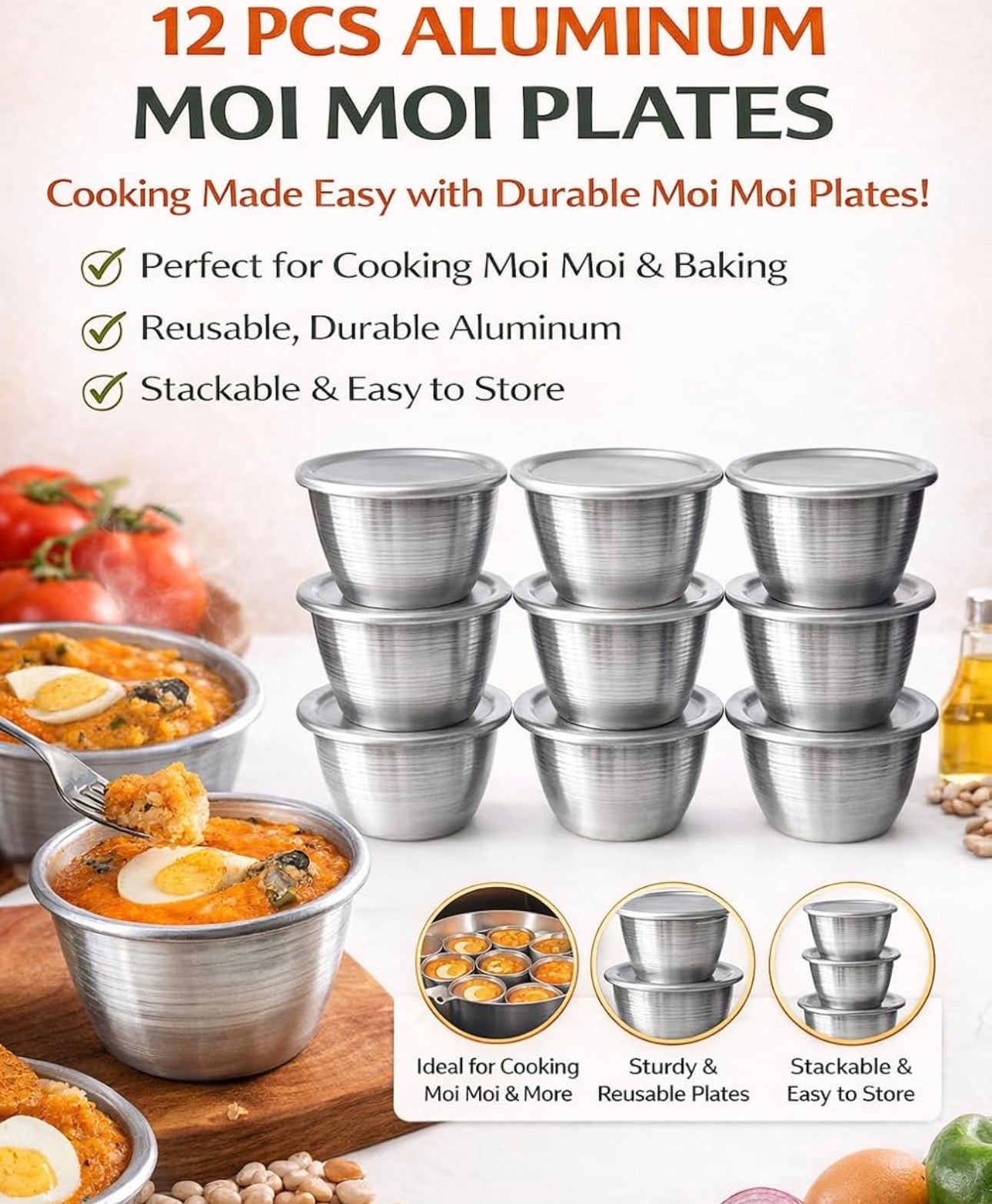 Reusable Moi-Moi Bowls - Aluminium Pan Reusable Containers for Beans Cake & Baking - Dishwasher Safe & Oven Proof Tableware