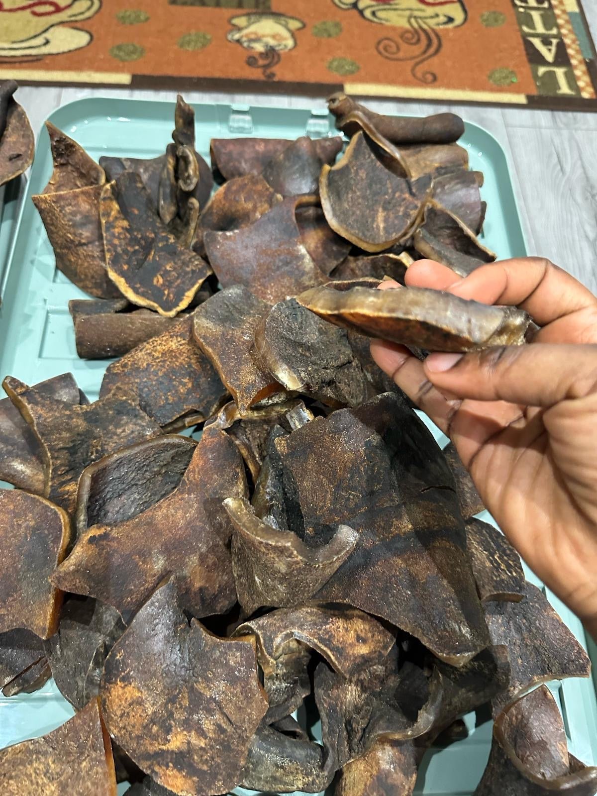 A person holding dried smoked ponmo, also known as cow skin, commonly used in Nigerian cuisine.